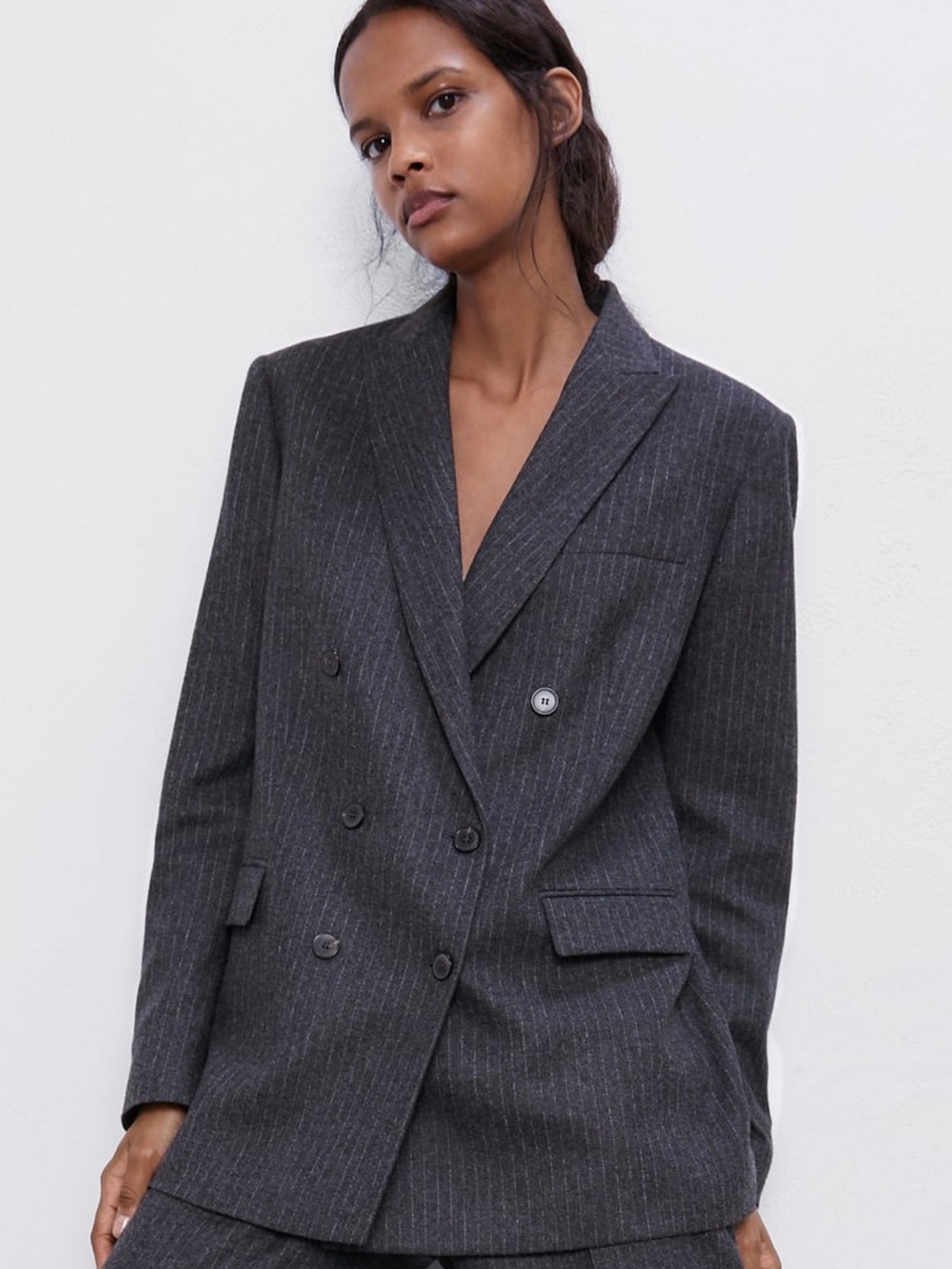 Zara Charcoal Pinstripe Double-Breasted Blazer